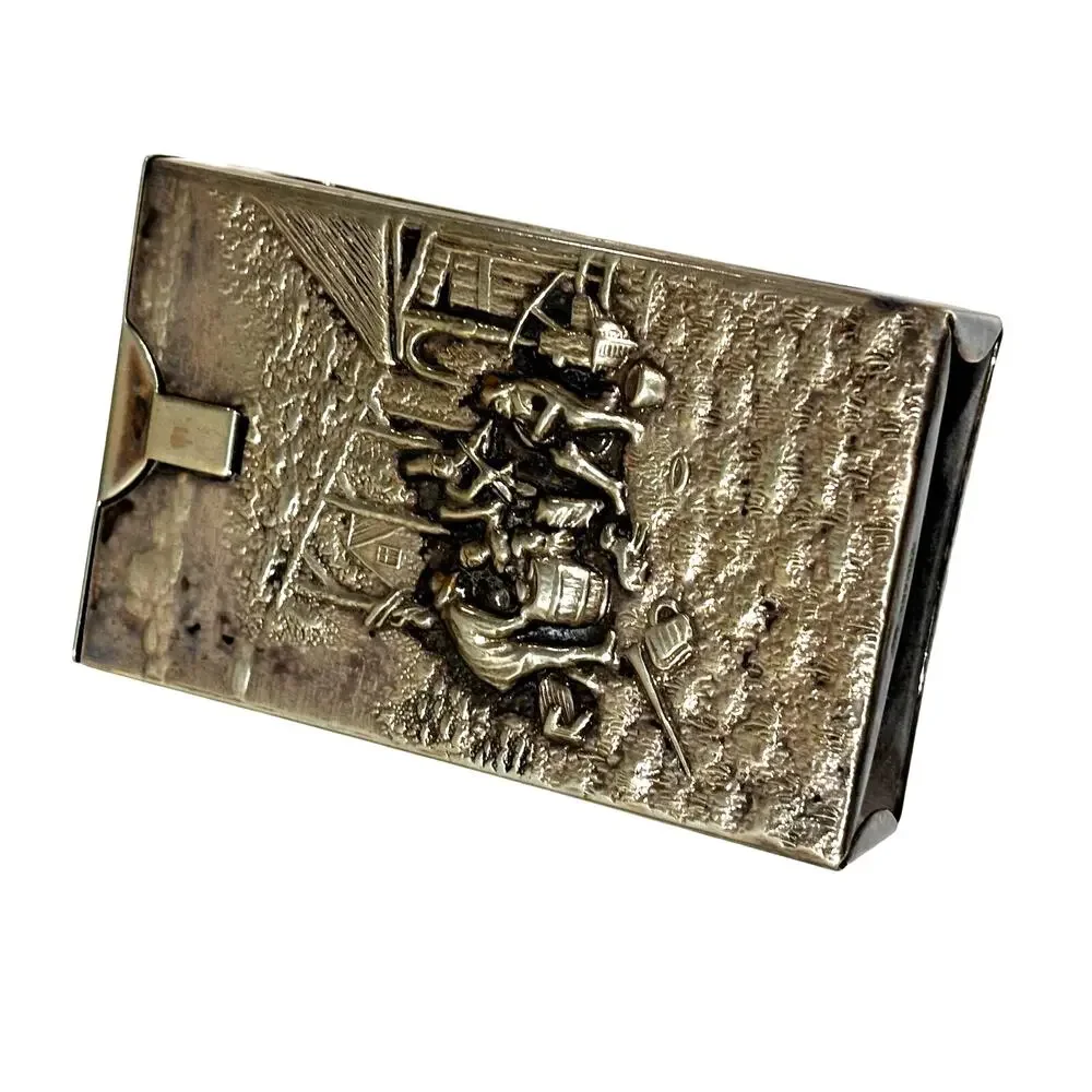 Vintage hallmarked Denmark silver metal match box cover hinged lid village scene